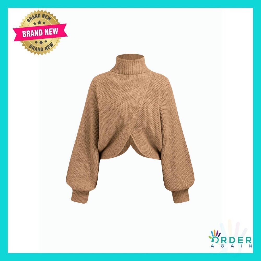 Cropped Turtleneck Sweater Ribbed Knit Lantern Sleeve Pullover Fall Y2K Chic